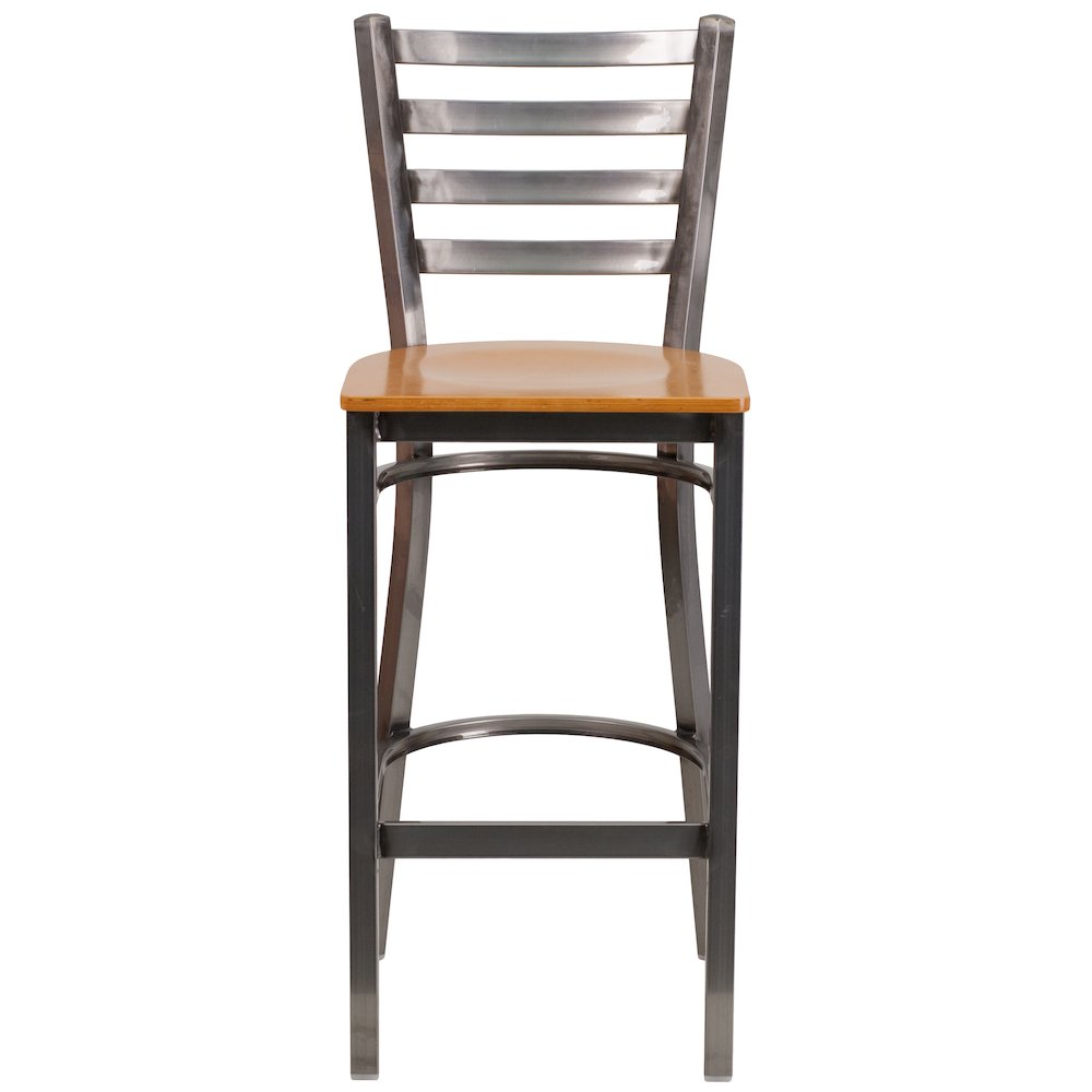 Clear Coated Ladder Back Metal Restaurant Barstool - Natural Wood Seat