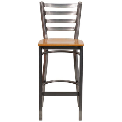 Clear Coated Ladder Back Metal Restaurant Barstool - Natural Wood Seat