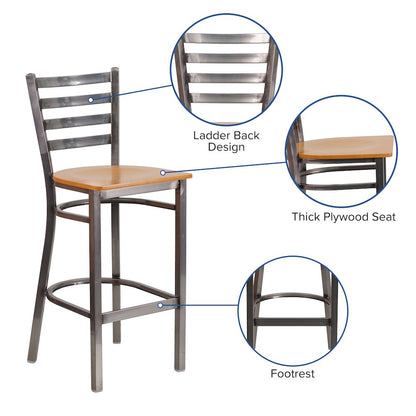 Clear Coated Ladder Back Metal Restaurant Barstool - Natural Wood Seat