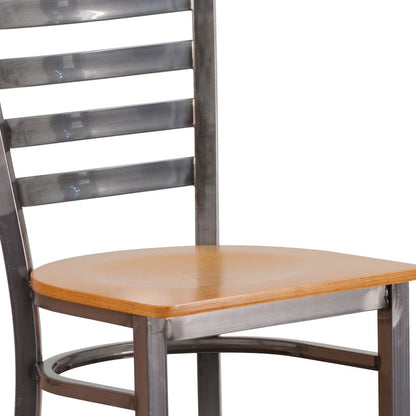 Clear Coated Ladder Back Metal Restaurant Barstool - Natural Wood Seat