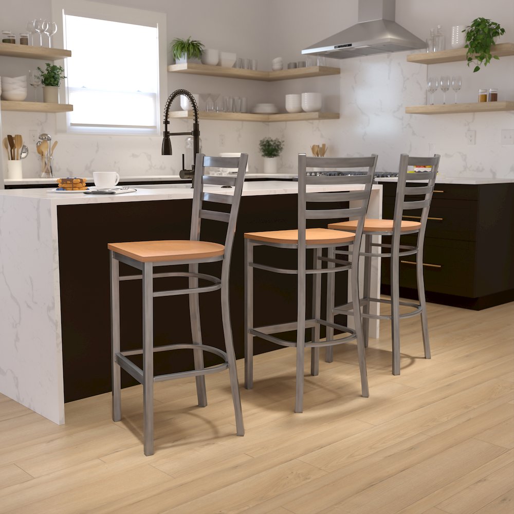 Clear Coated Ladder Back Metal Restaurant Barstool - Natural Wood Seat