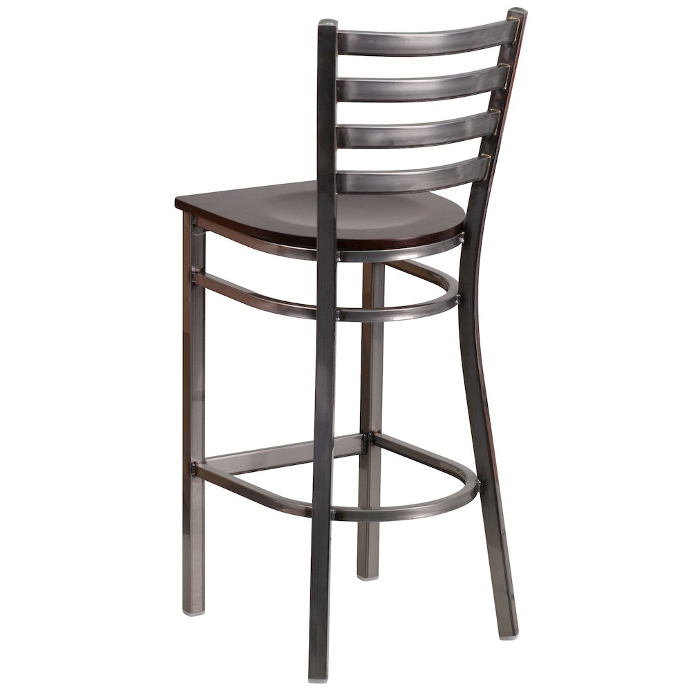 Clear Coated Ladder Back Metal Restaurant Barstool - Walnut Wood Seat