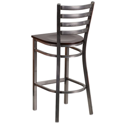 Clear Coated Ladder Back Metal Restaurant Barstool - Walnut Wood Seat