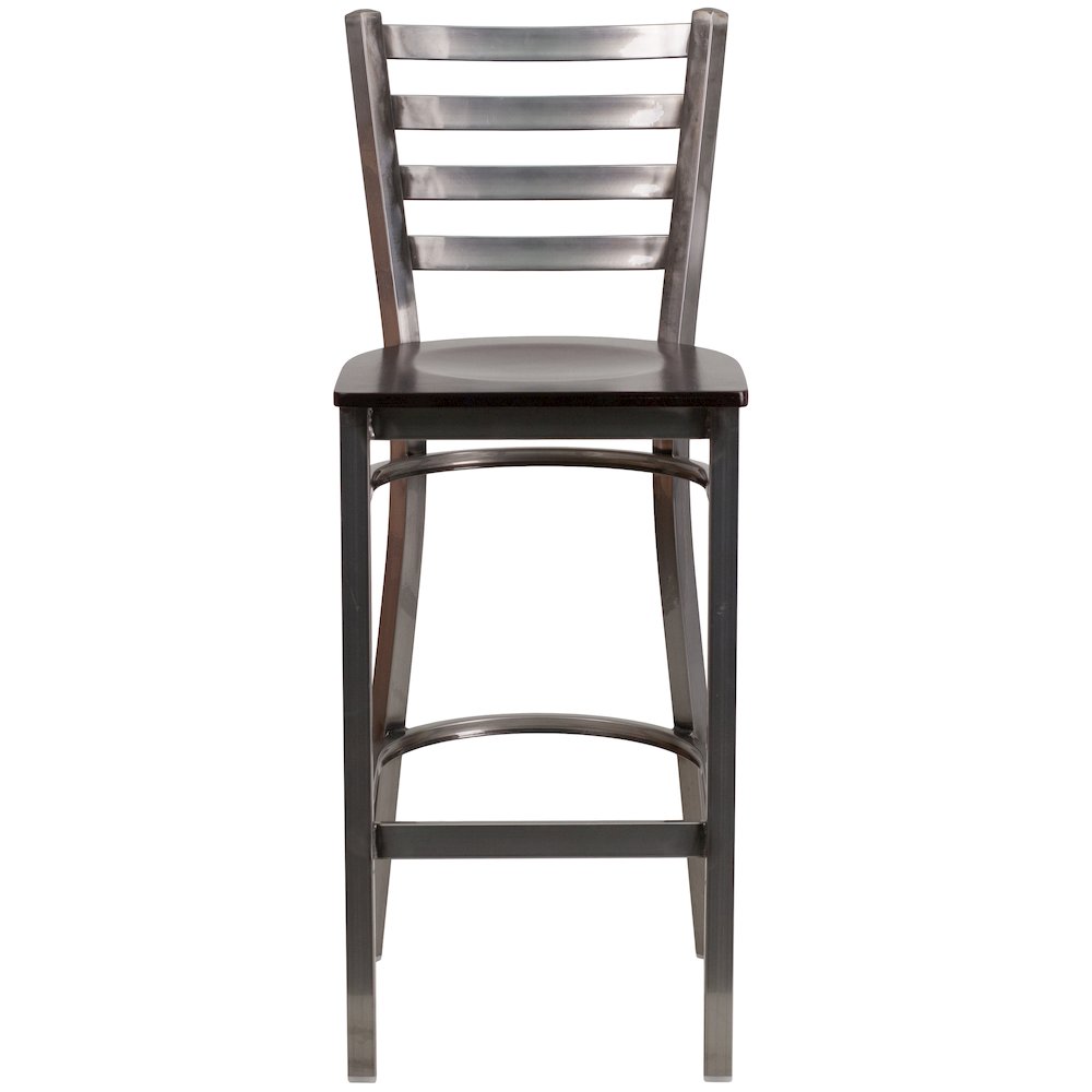 Clear Coated Ladder Back Metal Restaurant Barstool - Walnut Wood Seat