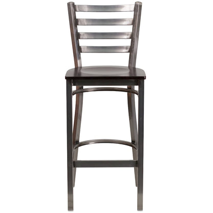 Clear Coated Ladder Back Metal Restaurant Barstool - Walnut Wood Seat