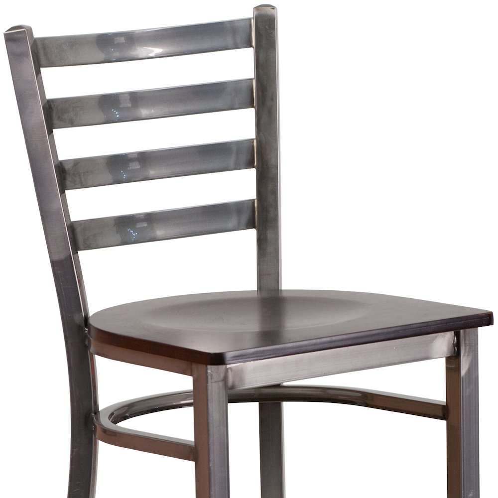 Clear Coated Ladder Back Metal Restaurant Barstool - Walnut Wood Seat