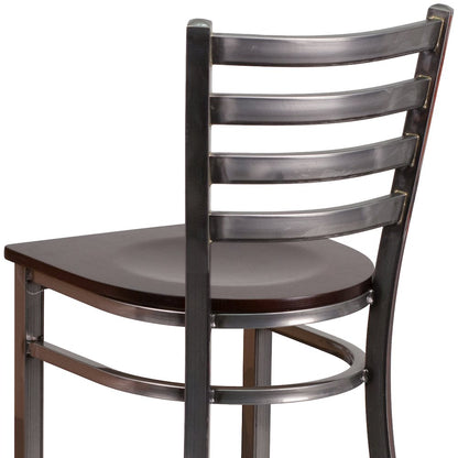 Clear Coated Ladder Back Metal Restaurant Barstool - Walnut Wood Seat