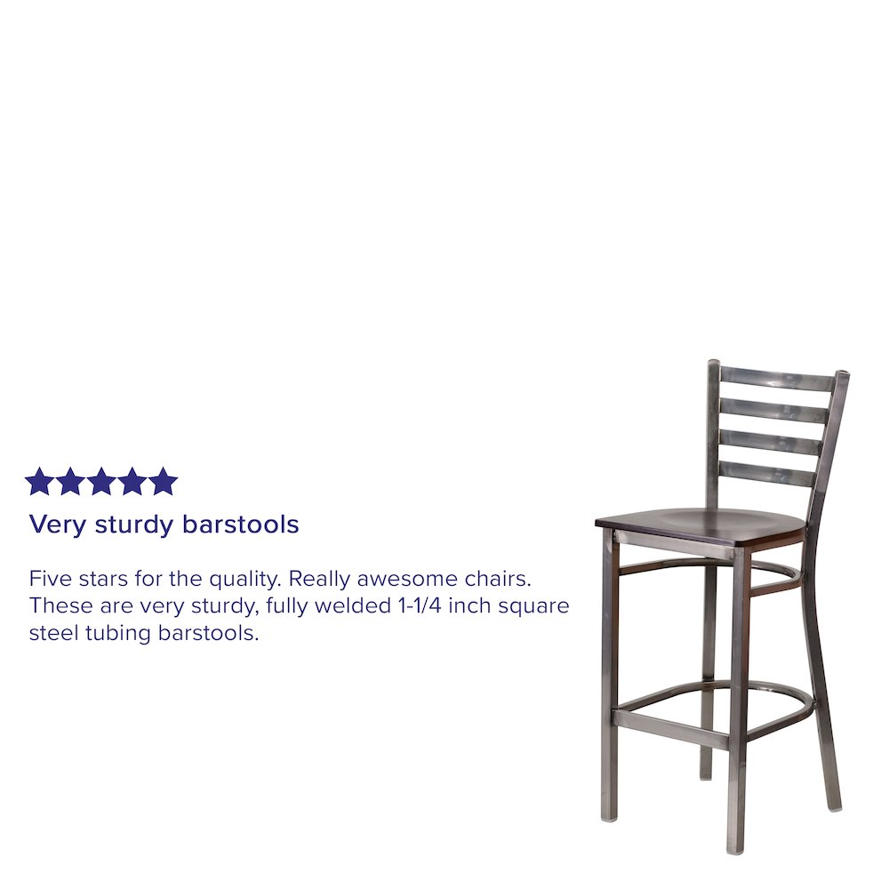 Clear Coated Ladder Back Metal Restaurant Barstool - Walnut Wood Seat