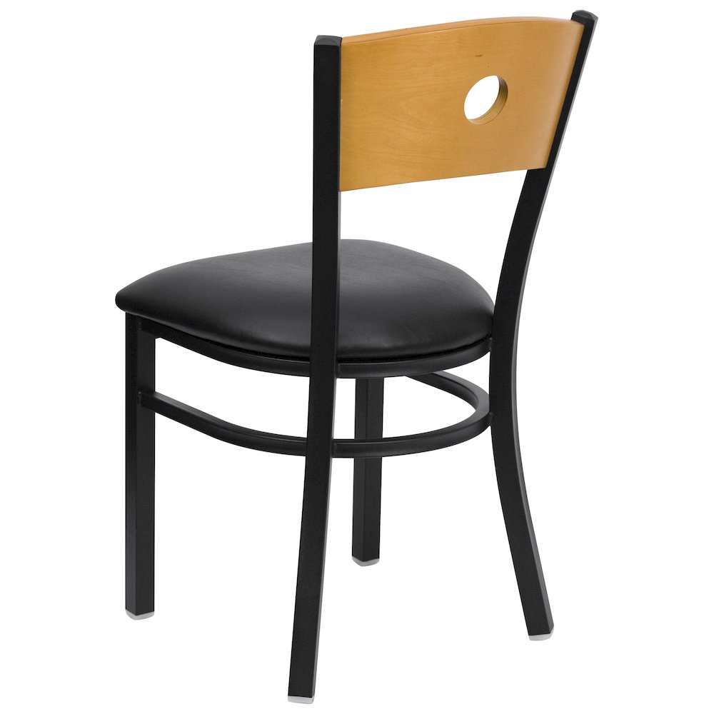 Black Circle Back Metal Restaurant Chair - Natural Wood Back, Black Vinyl Seat
