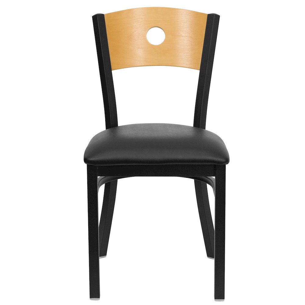 Black Circle Back Metal Restaurant Chair - Natural Wood Back, Black Vinyl Seat