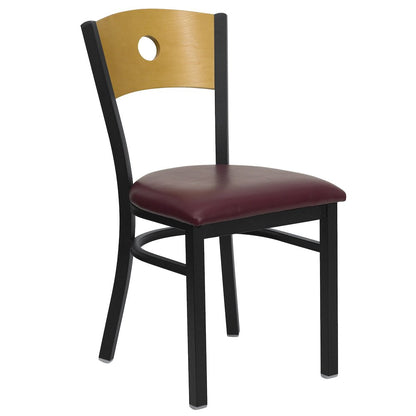Black Circle Back Metal Restaurant Chair - Natural Wood Back, Burgundy Vinyl Seat