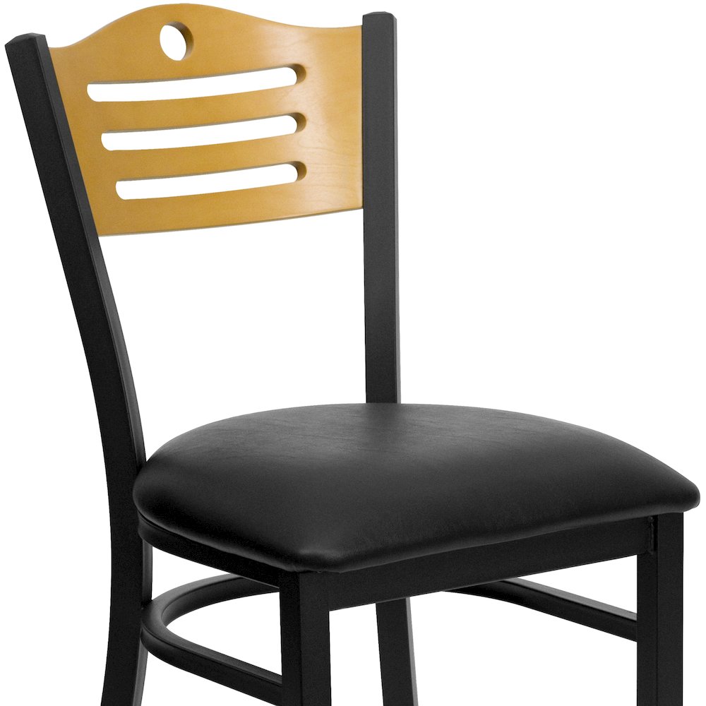 Black Slat Back Metal Restaurant Chair - Natural Wood Back, Black Vinyl Seat
