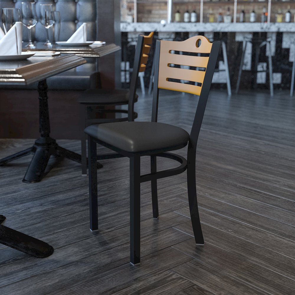 Black Slat Back Metal Restaurant Chair - Natural Wood Back, Black Vinyl Seat