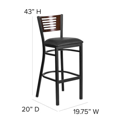 Black Slat Back Metal Restaurant Barstool - Walnut Wood Back, Black Vinyl Seat