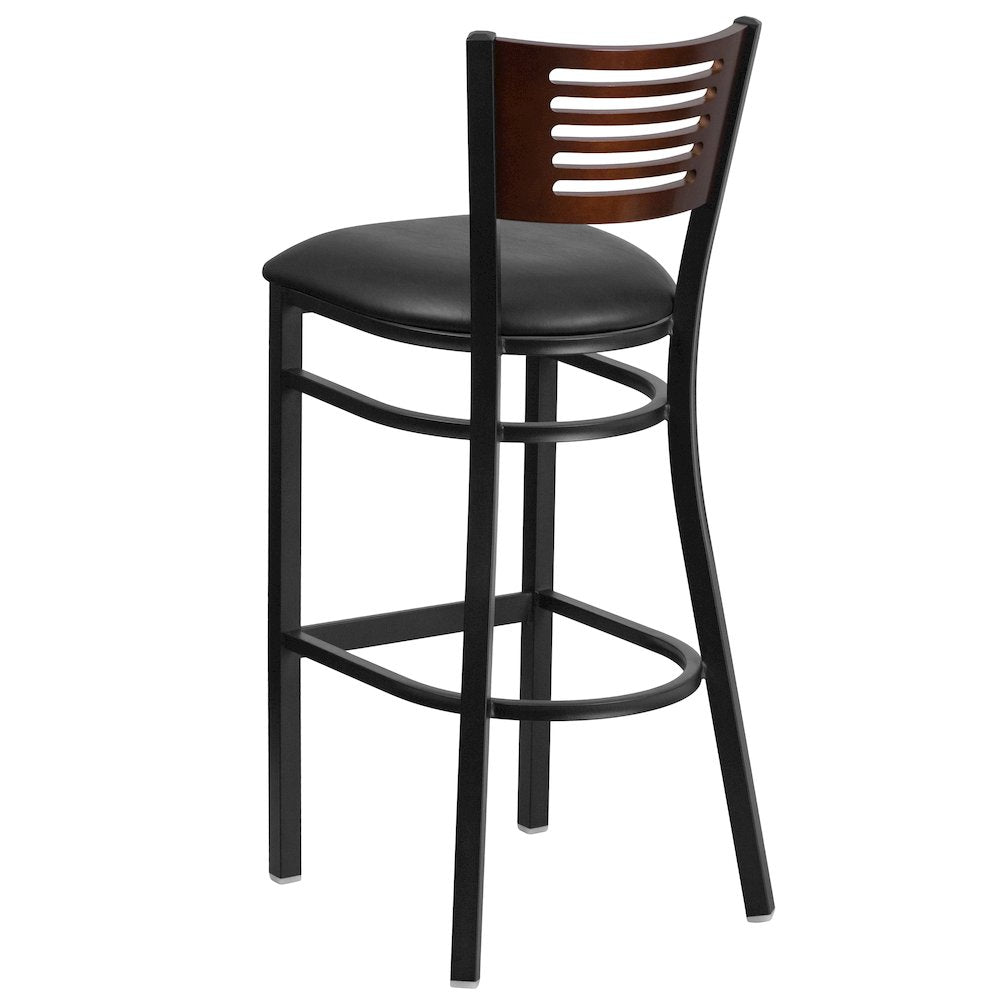 Black Slat Back Metal Restaurant Barstool - Walnut Wood Back, Black Vinyl Seat
