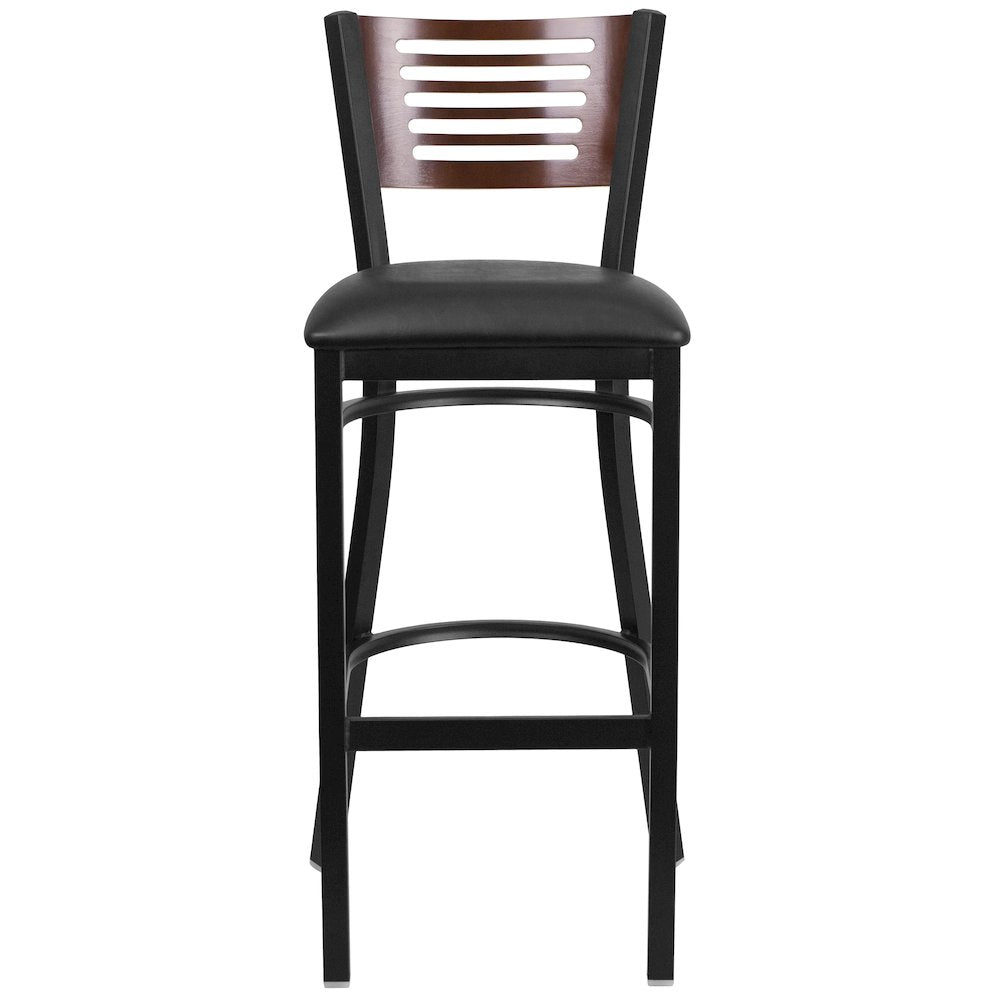 Black Slat Back Metal Restaurant Barstool - Walnut Wood Back, Black Vinyl Seat