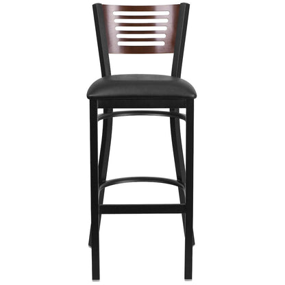 Black Slat Back Metal Restaurant Barstool - Walnut Wood Back, Black Vinyl Seat