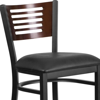Black Slat Back Metal Restaurant Barstool - Walnut Wood Back, Black Vinyl Seat