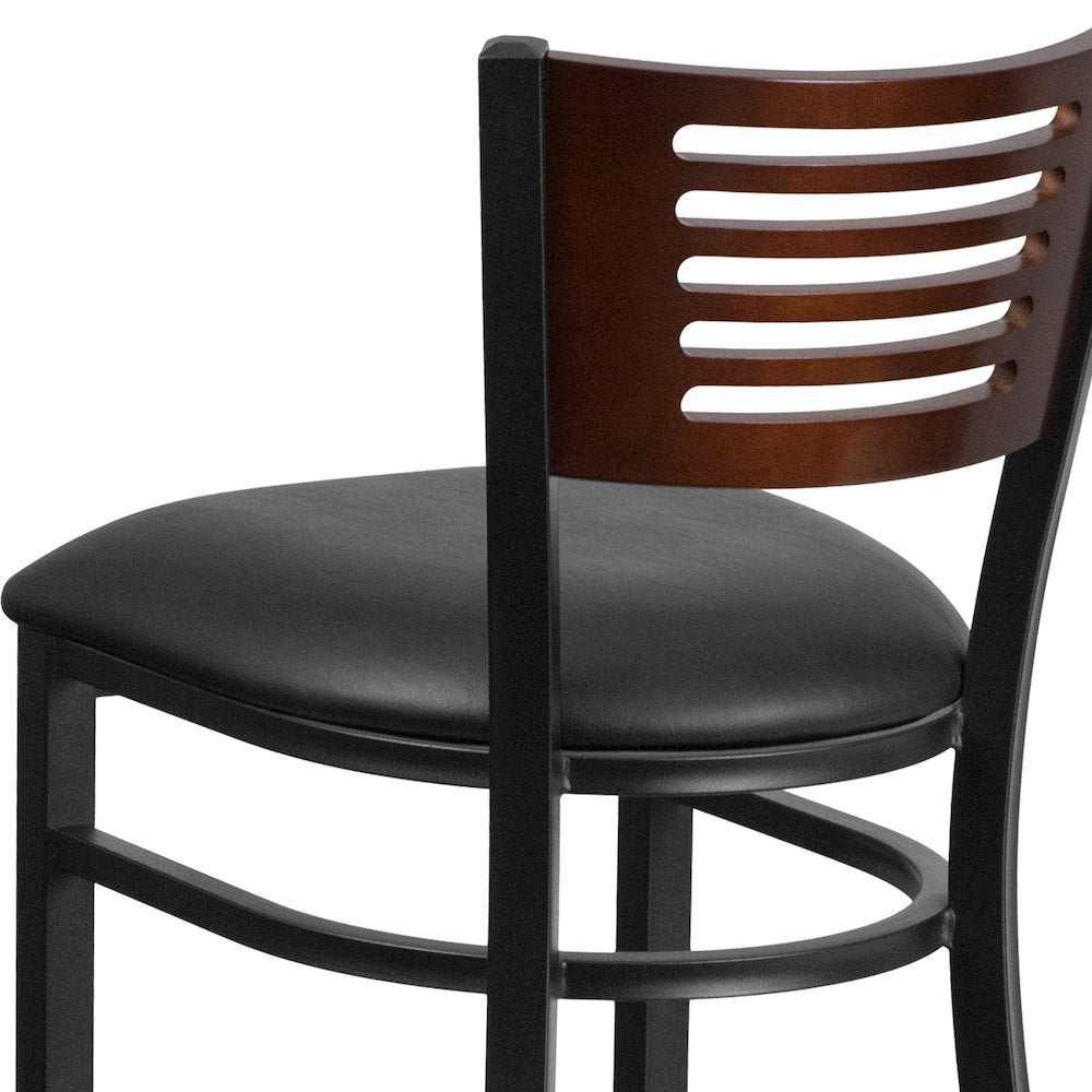 Black Slat Back Metal Restaurant Barstool - Walnut Wood Back, Black Vinyl Seat