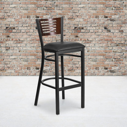 Black Slat Back Metal Restaurant Barstool - Walnut Wood Back, Black Vinyl Seat