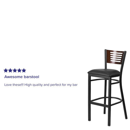 Black Slat Back Metal Restaurant Barstool - Walnut Wood Back, Black Vinyl Seat