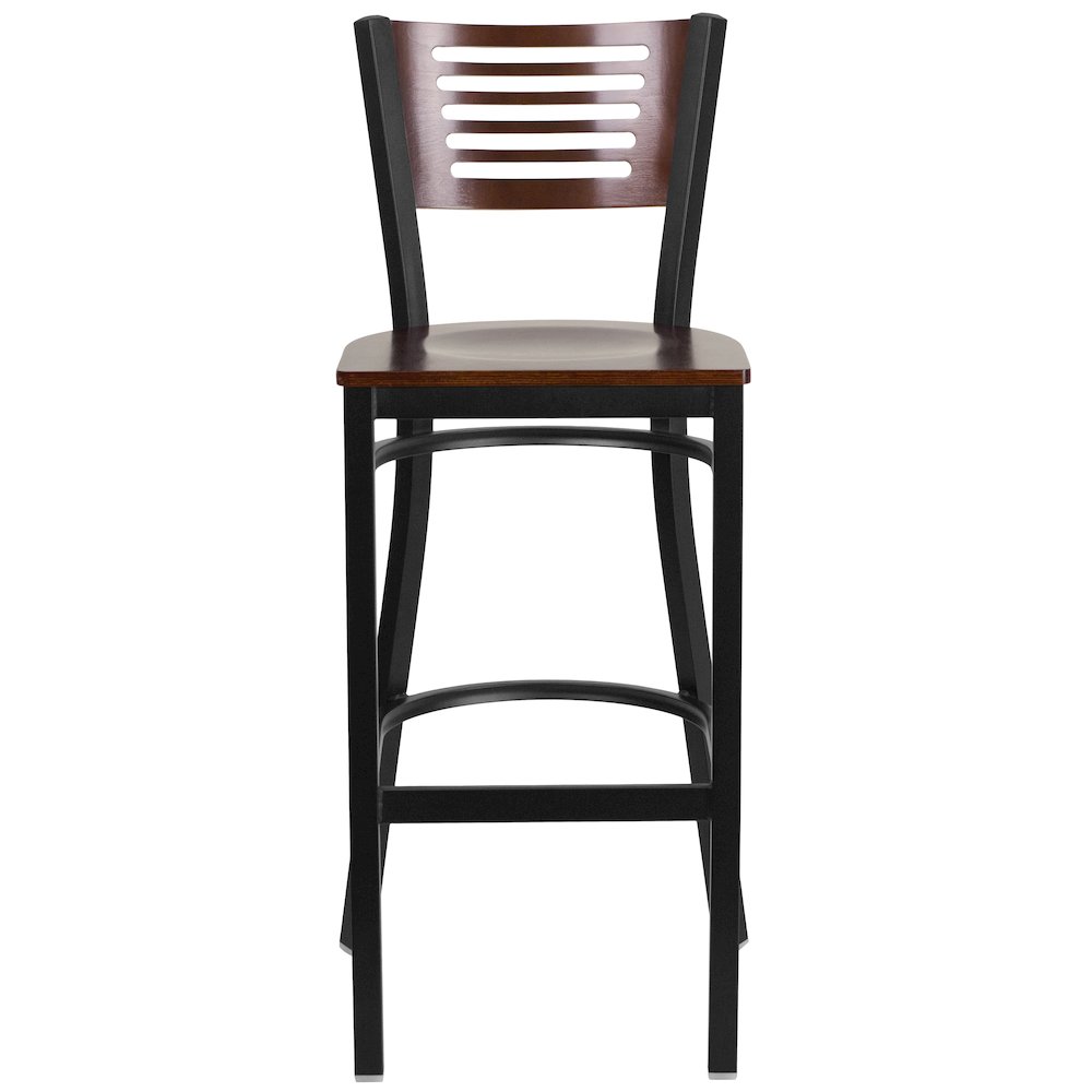 Black Slat Back Metal Restaurant Barstool - Walnut Wood Back & Seat