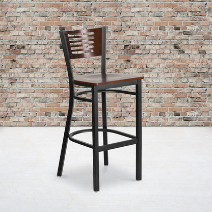 Black Slat Back Metal Restaurant Barstool - Walnut Wood Back & Seat