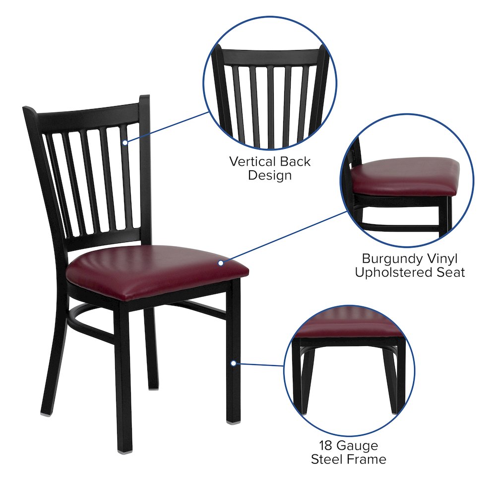 Black Vertical Back Metal Restaurant Chair - Burgundy Vinyl Seat