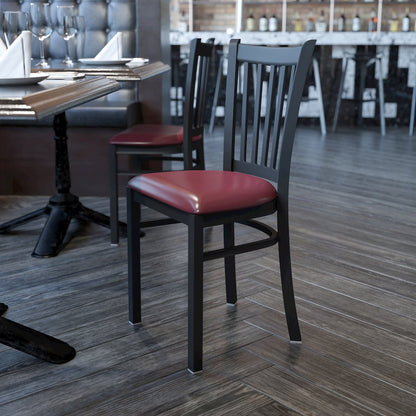 Black Vertical Back Metal Restaurant Chair - Burgundy Vinyl Seat