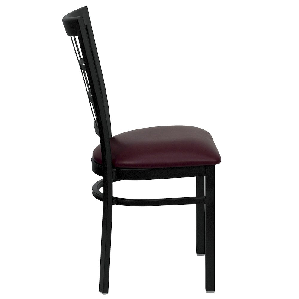 Black Window Back Metal Restaurant Chair - Burgundy Vinyl Seat