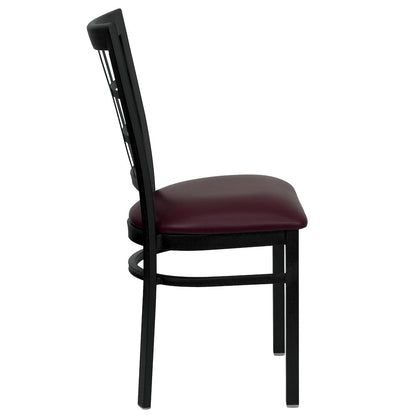 Black Window Back Metal Restaurant Chair - Burgundy Vinyl Seat