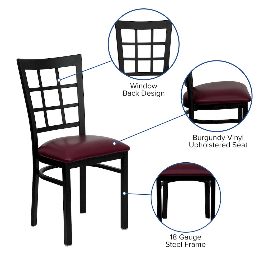 Black Window Back Metal Restaurant Chair - Burgundy Vinyl Seat