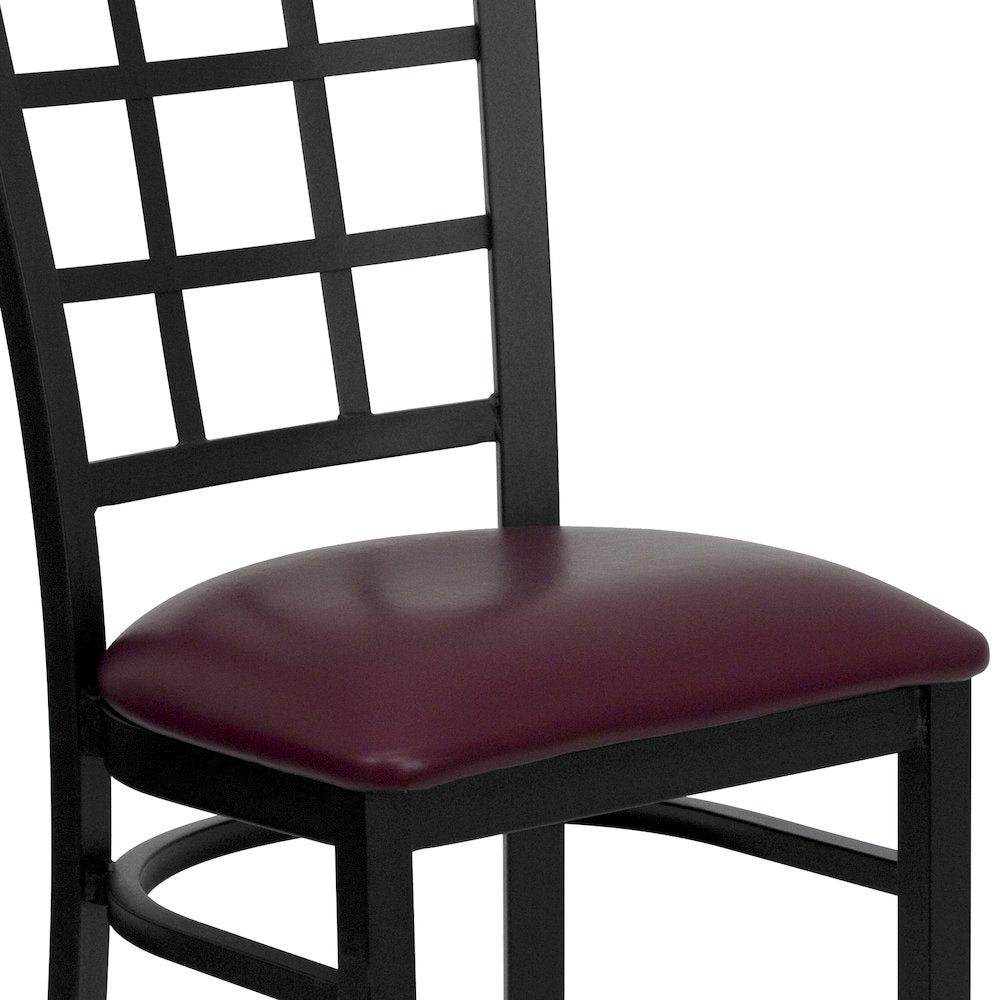 Black Window Back Metal Restaurant Chair - Burgundy Vinyl Seat
