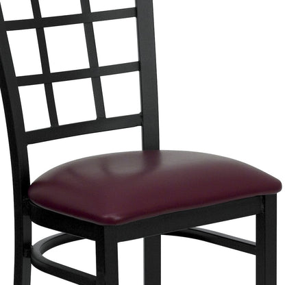 Black Window Back Metal Restaurant Chair - Burgundy Vinyl Seat