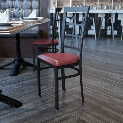 Black Window Back Metal Restaurant Chair - Burgundy Vinyl Seat