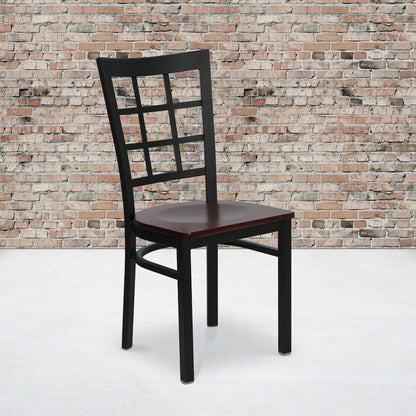 Black Window Back Metal Restaurant Chair - Mahogany Wood Seat