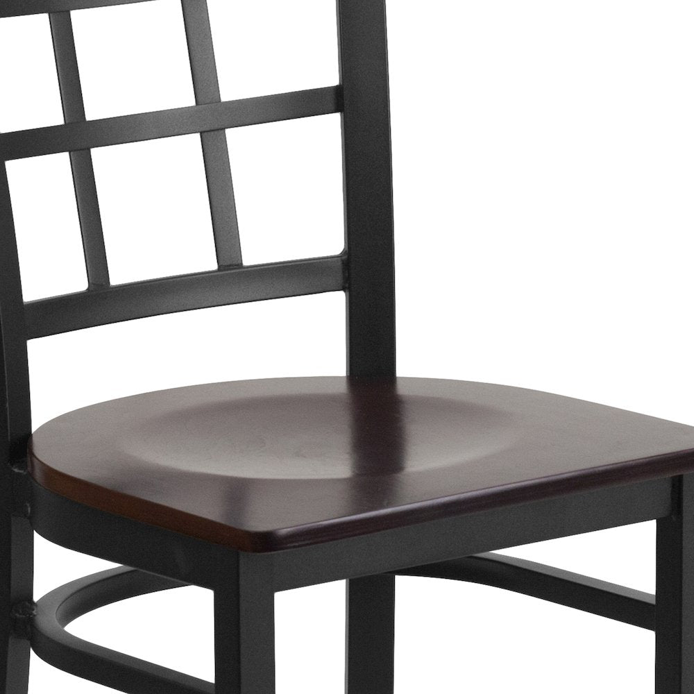 Black Window Back Metal Restaurant Chair - Walnut Wood Seat