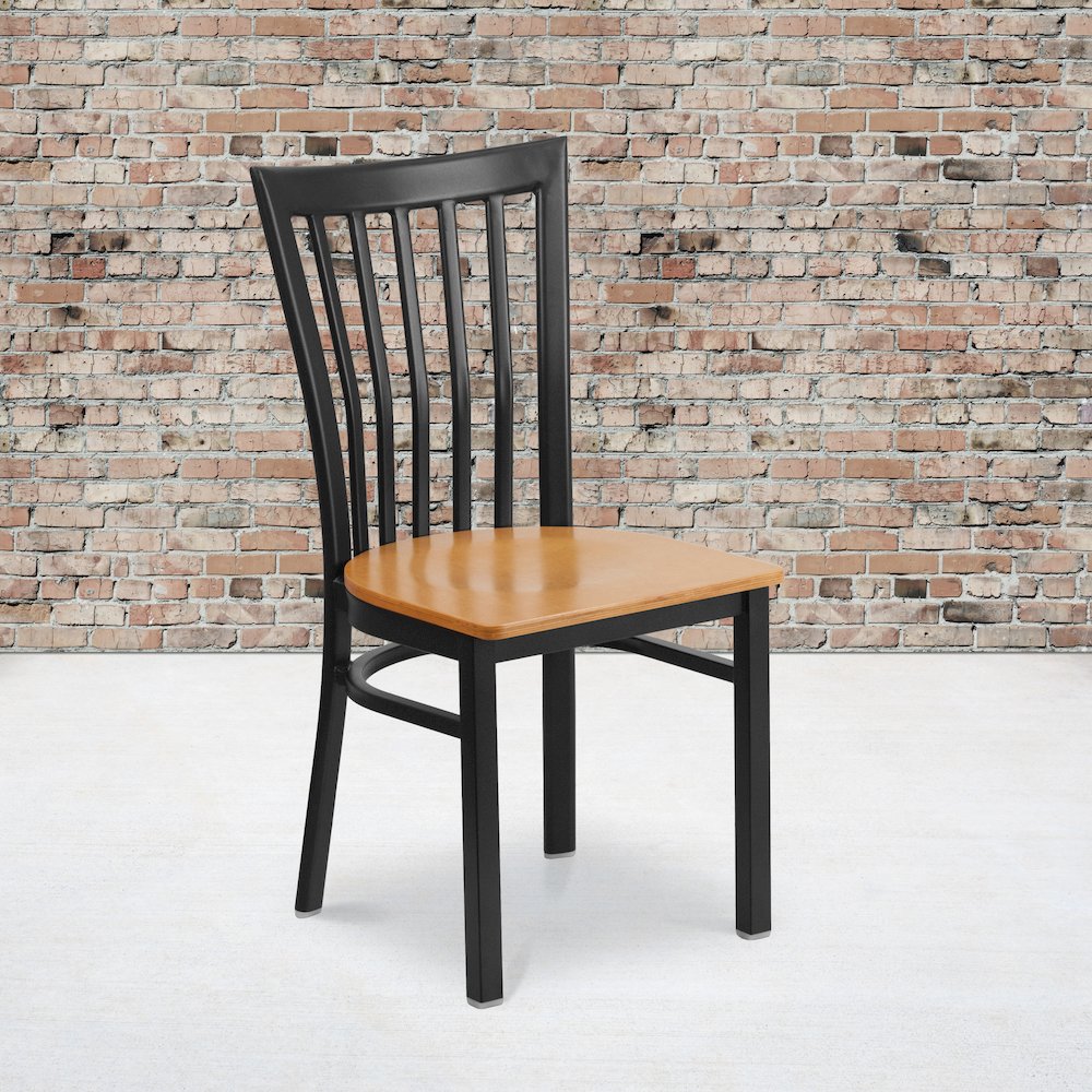 Black School House Back Metal Restaurant Chair - Natural Wood Seat