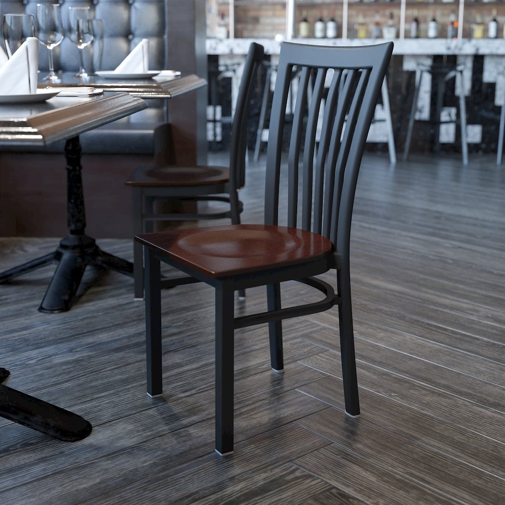 Black School House Back Metal Restaurant Chair - Walnut Wood Seat