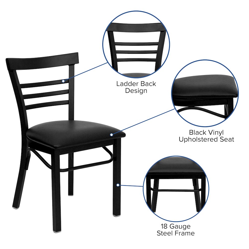 Black Three-Slat Ladder Back Metal Restaurant Chair - Black Vinyl Seat