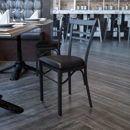 Black Three-Slat Ladder Back Metal Restaurant Chair - Black Vinyl Seat