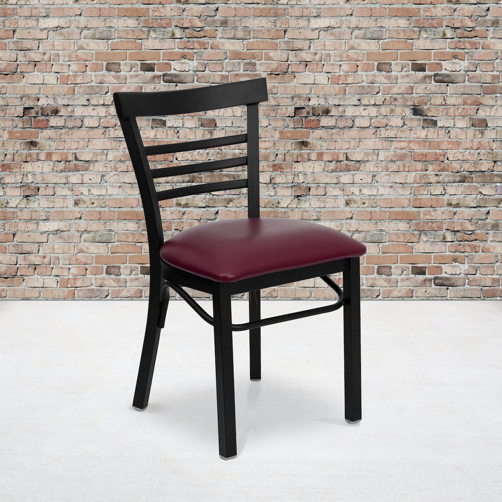 Black Three-Slat Ladder Back Metal Restaurant Chair - Burgundy Vinyl Seat
