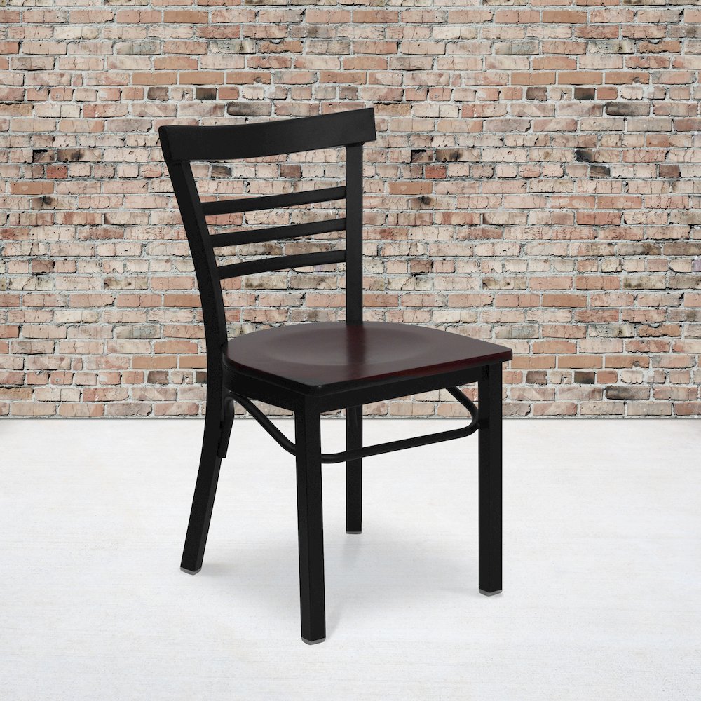 Black Three-Slat Ladder Back Metal Restaurant Chair - Mahogany Wood Seat