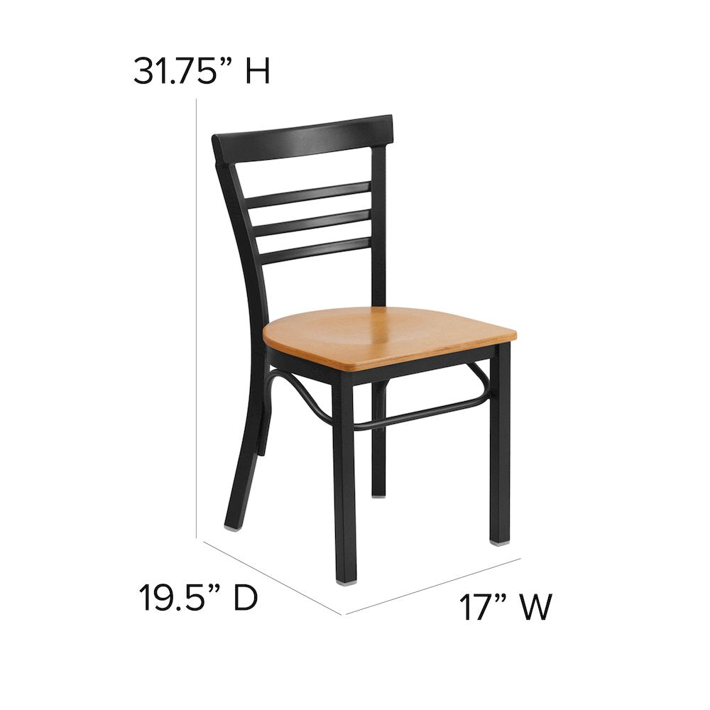 Black Three-Slat Ladder Back Metal Restaurant Chair - Natural Wood Seat
