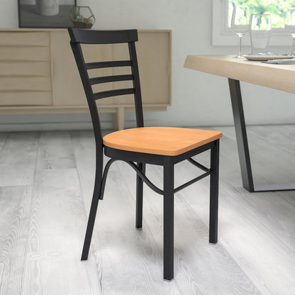 Black Three-Slat Ladder Back Metal Restaurant Chair - Natural Wood Seat