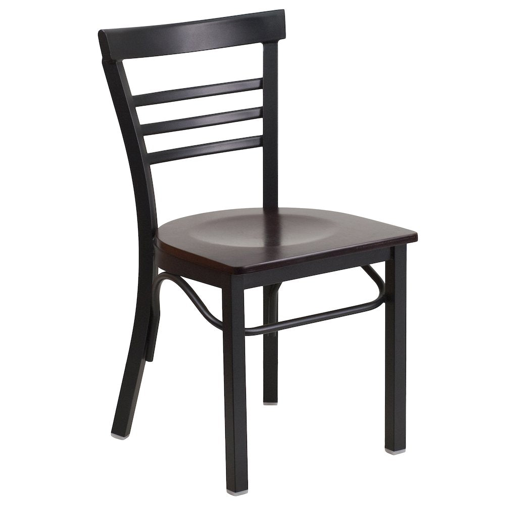 Black Three-Slat Ladder Back Metal Restaurant Chair - Walnut Wood Seat