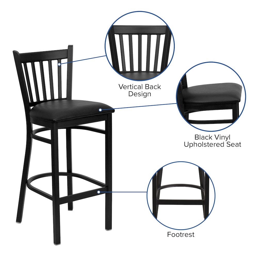 Black Vertical Back Metal Restaurant Barstool - Black Vinyl Seat