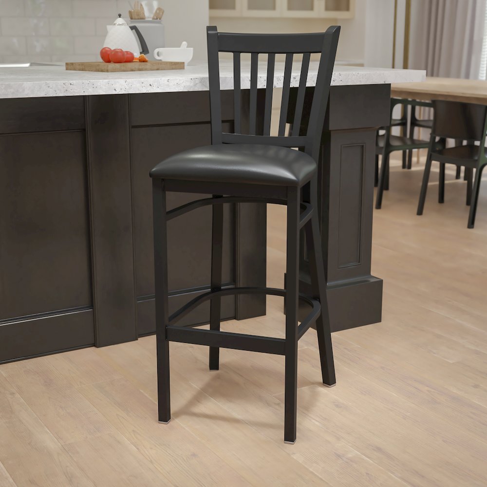 Black Vertical Back Metal Restaurant Barstool - Black Vinyl Seat