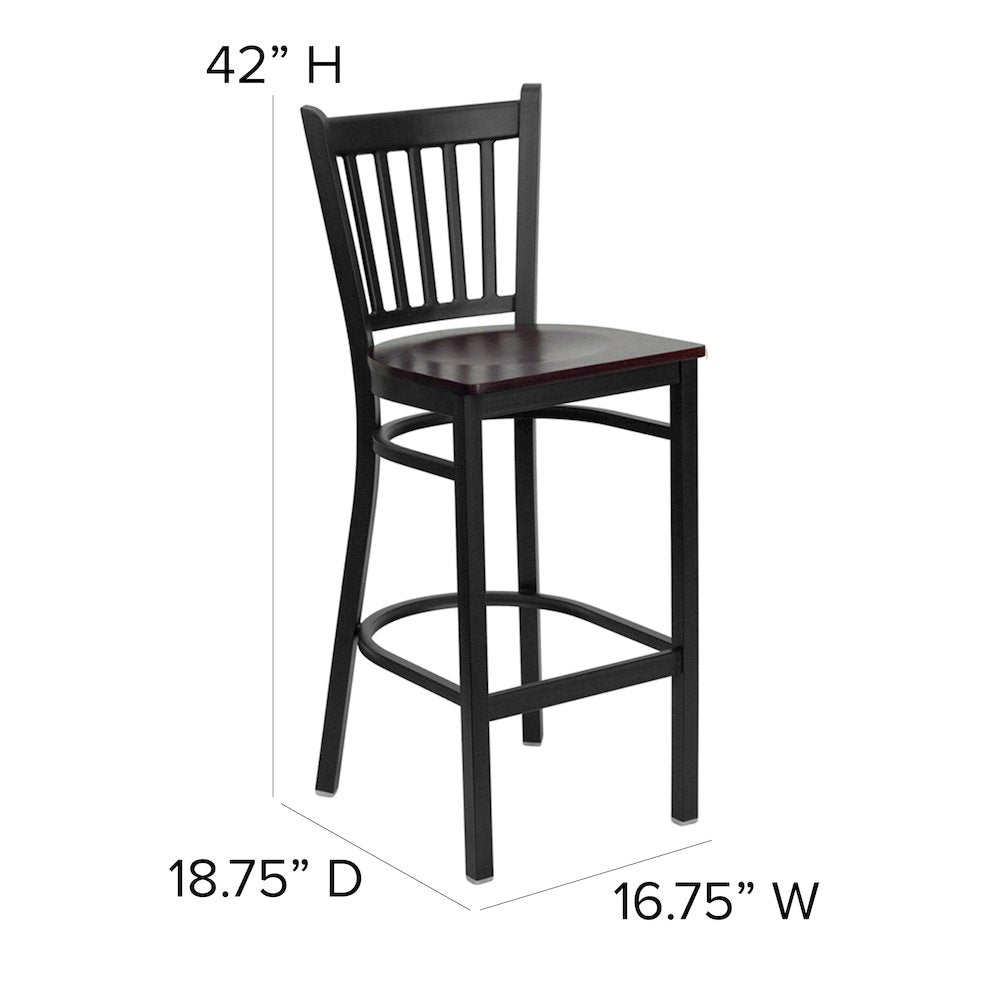 Black Vertical Back Metal Restaurant Barstool - Mahogany Wood Seat