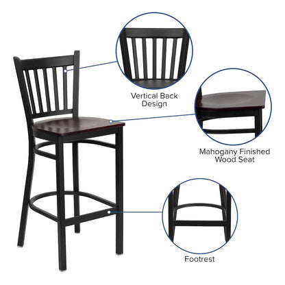 Black Vertical Back Metal Restaurant Barstool - Mahogany Wood Seat